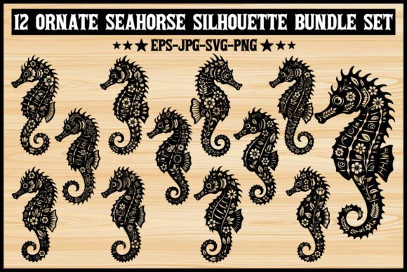 12 Ornate Seahorse Silhouette Graphics & Illustrations