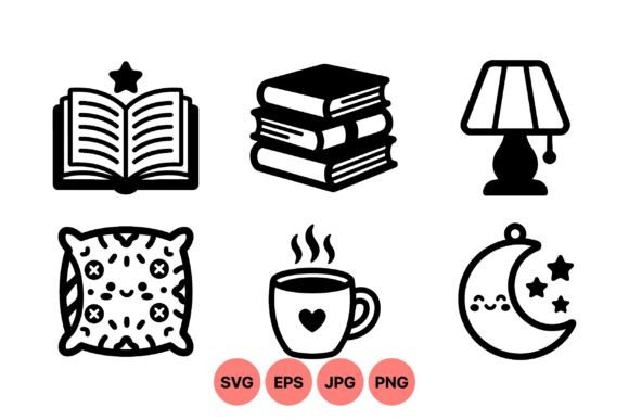 Cozy Reading Night Icons: Graphics & Illustrations