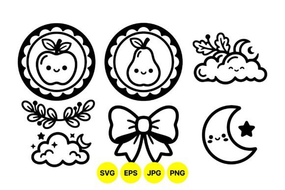 Cute Kawaii Fruit and Moon SVG Graphics & Illustrations