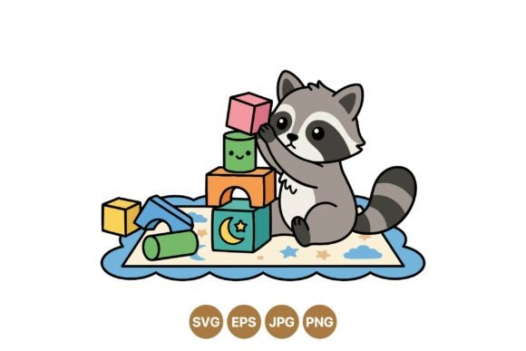 Cute Raccoon Playing Blocks SVG Graphics & Illustrations